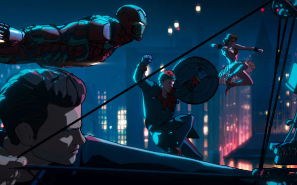 HD wallpaper of animated Marvel characters from What If...? with Iron Man and Captain America in action, against a neon-lit city backdrop.