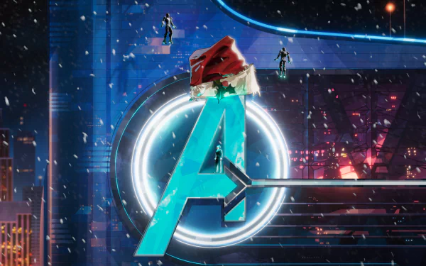 HD wallpaper featuring the logo from the TV show What If... with neon aesthetics and characters perched atop the letter in a futuristic city background.