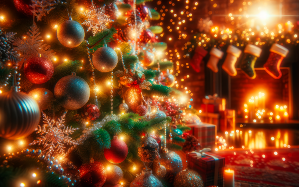 Decorated Christmas tree with baubles and lights, gifts, and stockings, festive HD desktop wallpaper for holiday background.