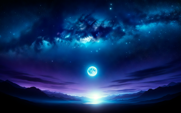 HD wallpaper of a starry night sky with a bright moon over mountain silhouettes, ideal for desktop background.