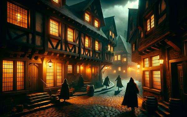 HD Wallpaper of a mystical medieval town with cobblestone streets and illuminated half-timbered houses at night
