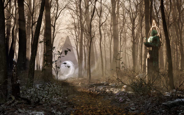 HD desktop wallpaper featuring The Talos Principle 2 video game with mysterious forest setting and sci-fi elements.