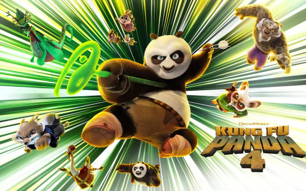 Kung Fu Panda 4 desktop wallpaper featuring colorful characters against a scenic background, perfect for fans of the animated film series.