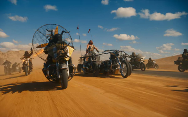 HD desktop wallpaper of 'Furiosa: A Mad Max Saga' featuring a dynamic chase scene with characters on motorcycles and vehicles in a desert setting.