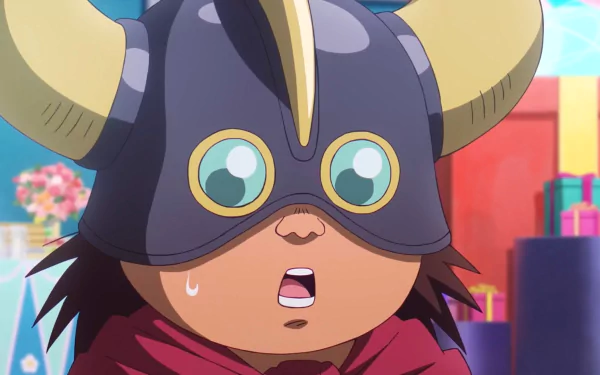 A surprised character from Dragon Ball DAIMA with large eyes and a horned helmet, set against a colorful background, creating a vibrant HD anime desktop wallpaper.