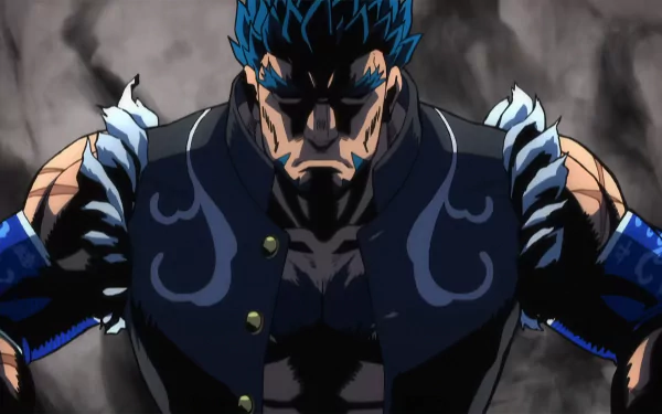 Anime character with blue spiked hair and a determined expression, from the anime Bucchigiri?! featured in a HD desktop wallpaper with a dark, textured background.