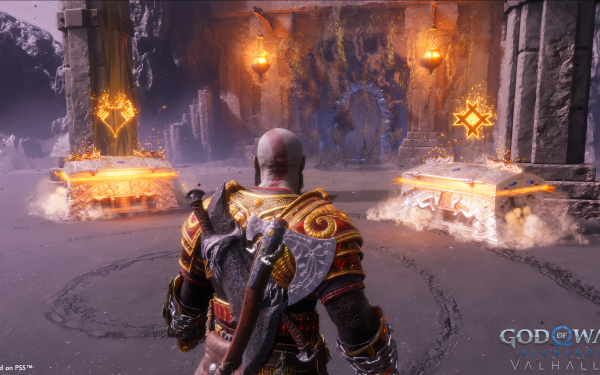 HD wallpaper of God of War: Ragnarök, featuring the character looking towards an ancient Norse temple with glowing symbols, ideal for desktop background.