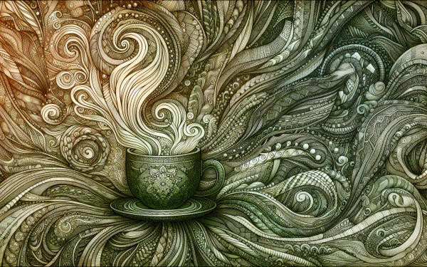 Alt Text: Artistic HD wallpaper featuring a stylized green tea cup with ornate patterns and swirling steam, set against an intricate, abstract background.