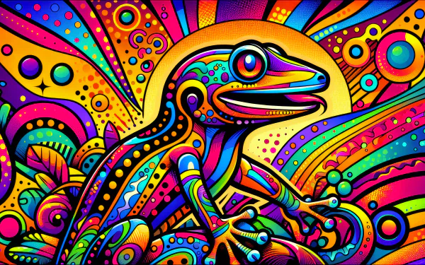A vibrant HD desktop wallpaper featuring a colorful gecko against a background of abstract patterns and bright colors, creating a lively and artistic atmosphere.