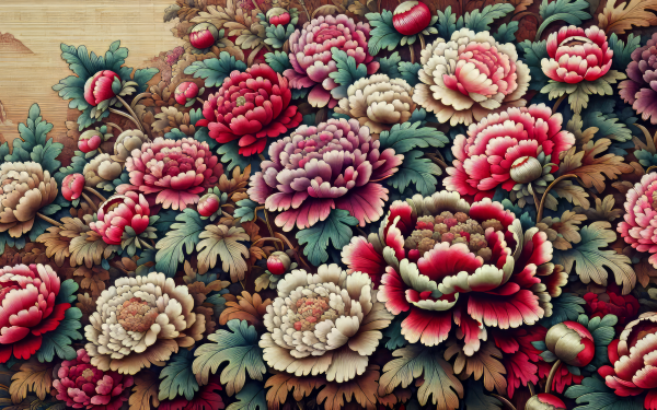 HD desktop wallpaper featuring a lush pattern of blooming peony flowers with vibrant colors on a wooden texture background.