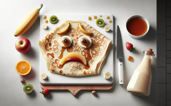 Creative HD desktop wallpaper featuring a crêpe styled as a quirky face, surrounded by fresh fruit and a bottle of milk, with a knife and syrup on the side.