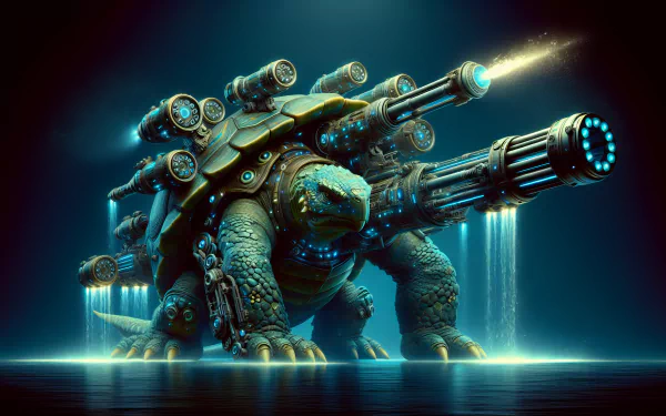 A stunning HD wallpaper featuring Blastoise, the iconic Pokémon, depicted as a futuristic turtle armed with powerful cannons, set against a glowing blue backdrop.