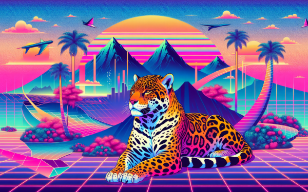 HD desktop wallpaper featuring a vibrant illustration of a jaguar in a retro-futuristic, neon-lit landscape with palm trees and a sunset.