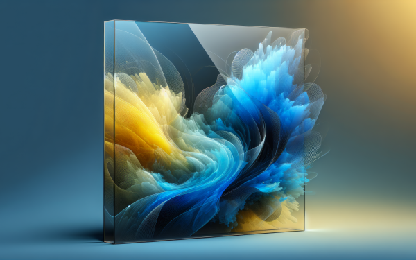 HD wallpaper featuring an abstract glass art design with swirling blue and yellow patterns on a gradient background.