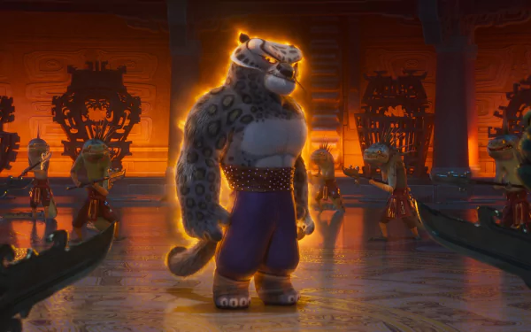 Tai Lung stands imposingly in a dramatic scene from Kung Fu Panda 4, surrounded by shadowy figures in an ancient temple, capturing the intense action and vibrant colors of the film.