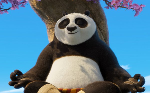 HD wallpaper featuring Po from Kung Fu Panda 4, sitting contentedly with a peaceful smile under a cherry blossom tree, ideal for desktop background.