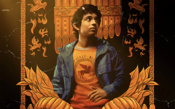 HD desktop wallpaper featuring a scene from the TV Show 'Percy Jackson and the Olympians' with a thoughtful character in the center, set against a mythological-themed backdrop.