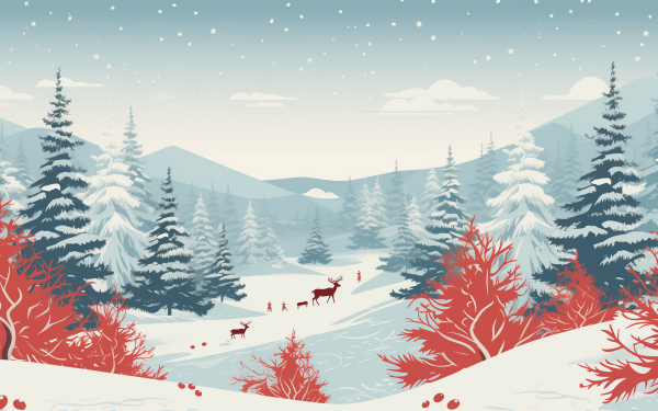 Winter Christmas landscape with snow-covered trees and reindeer, HD desktop wallpaper and background.