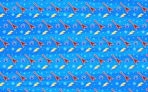 HD desktop wallpaper featuring a vibrant blue background adorned with red rockets, yellow lightning bolts, and playful stars, inspired by the video game Hi-Fi Rush.