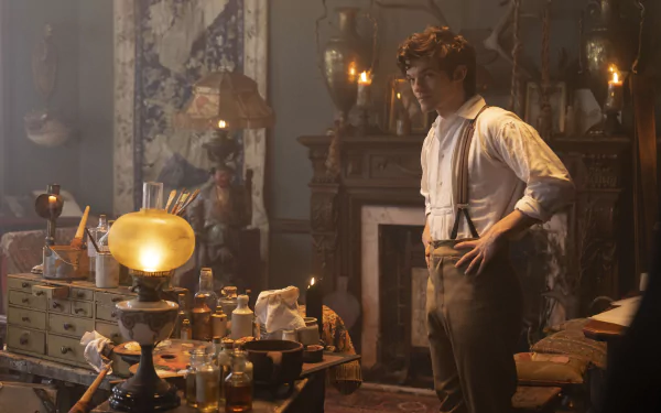 HD desktop wallpaper featuring a scene from Belgravia: The Next Chapter with a character in a vintage room with antique decor, exuding a historical drama ambiance.