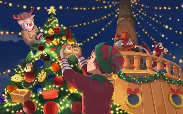 Anime-style HD desktop wallpaper featuring One Piece characters Buggy and Shanks decorating a Christmas tree and ship deck with festive lights and ornaments.