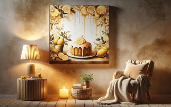 A cozy interior featuring a lemon drizzle cake artwork, complemented by warm lighting and a comfy chair, creating an inviting atmosphere for a desktop wallpaper.