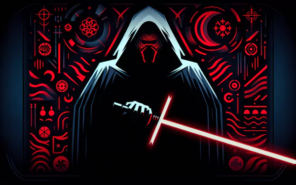 Sith-themed HD desktop wallpaper featuring a hooded figure with a red lightsaber and Star Wars symbols.