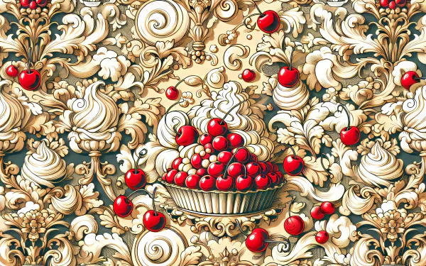 HD wallpaper featuring a stylized cherry pie on an ornate floral background.