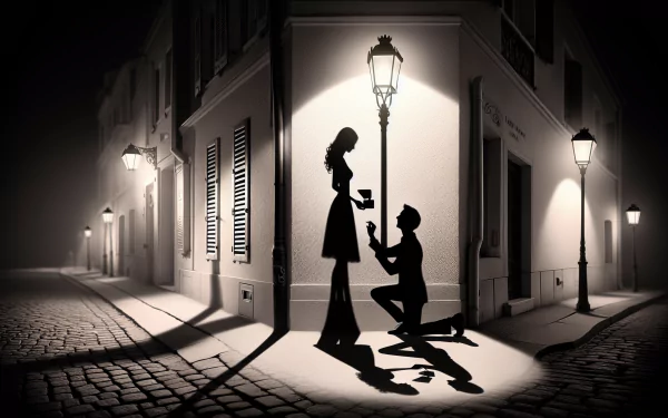 HD wallpaper of a silhouette of a person proposing to another under a street lamp at night.
