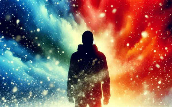 Silhouette of a person standing in a snowstorm with a vibrant blue and red abstract background, HD desktop wallpaper.