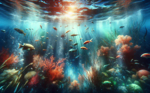 Stunning HD underwater photography wallpaper featuring a vibrant coral reef with colorful fish and light rays piercing through the ocean surface.