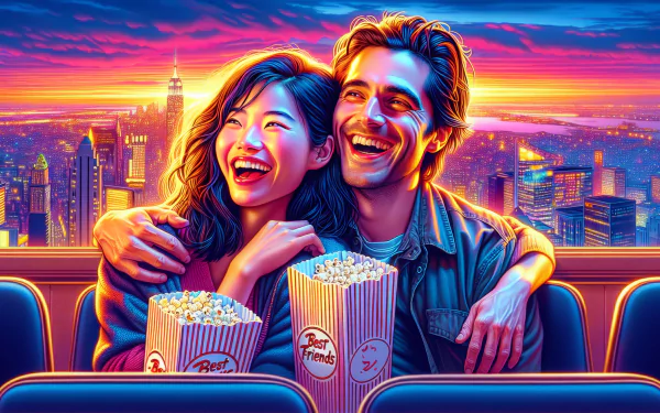 HD desktop wallpaper featuring two best friends laughing and holding popcorn at a cinema with a vibrant sunset cityscape background.