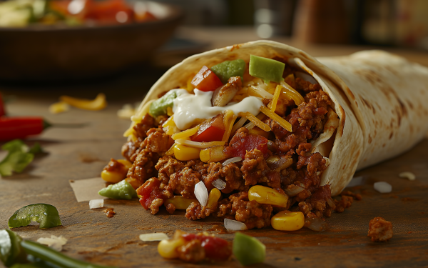 Deliciously stuffed burrito with meat, cheese, and vegetables on a rustic wooden table, perfect for HD food wallpaper.