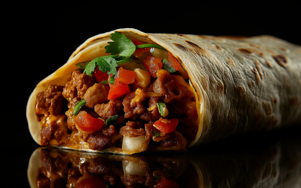 Delicious stuffed burrito with fresh ingredients on a reflective surface, perfect as an HD food wallpaper and culinary desktop background.
