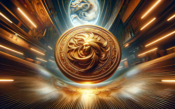 HD desktop wallpaper featuring a shiny gold coin with intricate designs, set against a futuristic backdrop with glowing lines.