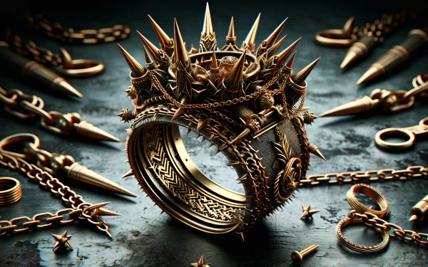 HD wallpaper of an intricate gold ring with spikes resembling a crown, surrounded by jewelry on a textured surface.