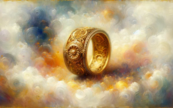 HD desktop wallpaper featuring an intricately designed gold ring against a swirling, impressionistic background.