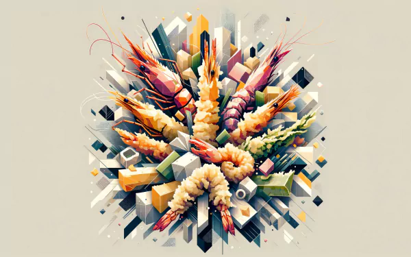 Artistic HD wallpaper featuring a stylized tempura explosion with vibrant abstract shapes on a pastel background.