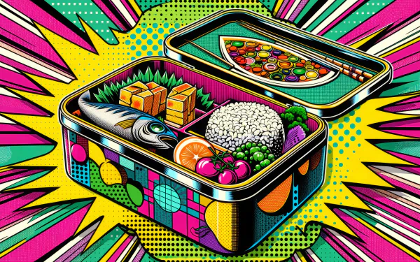 Colorful bento box HD desktop wallpaper featuring vibrant and artistic Japanese cuisine on a pop-art background.