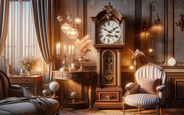 Elegant interior featuring a grandfather clock in a classic room, with a chair and candles, as an HD wallpaper.