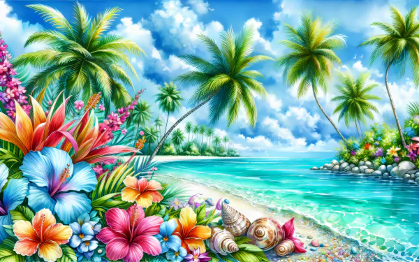 HD tropical paradise wallpaper with vibrant flowers, palm trees, and beach for a desktop background.