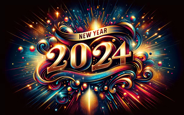 Vibrant New Year 2024 HD desktop wallpaper featuring colorful fireworks and festive typography design.