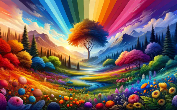 A vibrant color spectrum fills the sky above a serene landscape, featuring a colorful tree, blooming flowers, and rolling hills, creating a stunning HD desktop wallpaper.