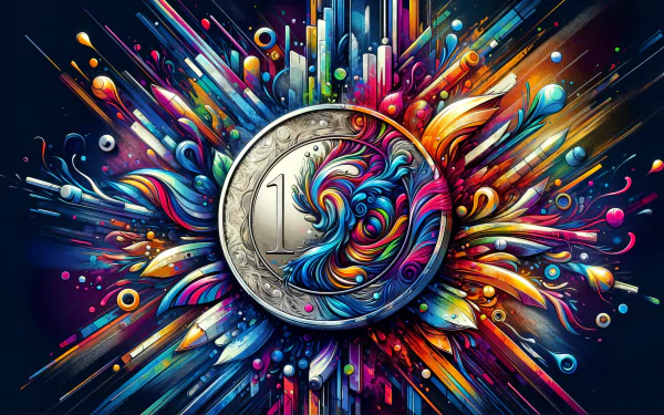 A vibrant silver coin surrounded by an explosion of colorful swirls and patterns, creating an eye-catching HD desktop wallpaper and background.