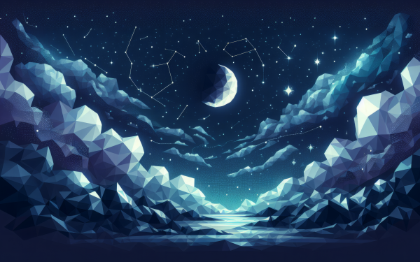 Starry night sky over a stylized polygonal landscape with a crescent moon, perfect for an HD desktop wallpaper and background.