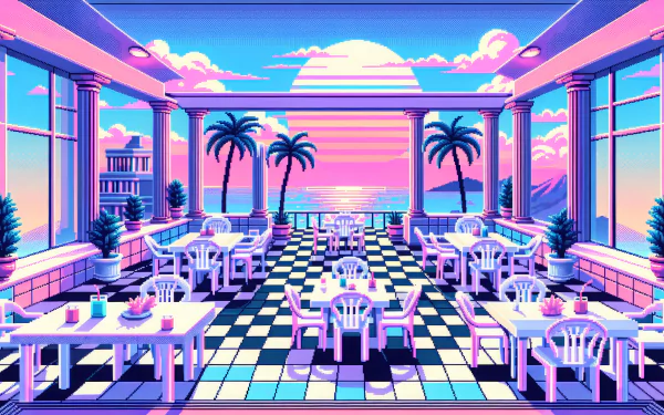 Pixel art illustration of a retro patio at sunset as an HD wallpaper with pink and blue hues, black and white checkered floor, palm trees, and ocean view for desktop background.