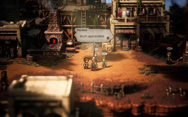 A vibrant HD wallpaper from Octopath Traveler II, showcasing a detailed town setting with characters engaged in conversation against a lively backdrop.