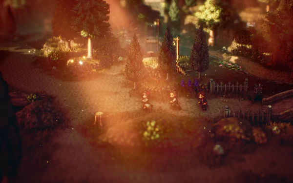 HD desktop wallpaper featuring a scenic view from Octopath Traveler II video game with characters by a campfire at dusk.