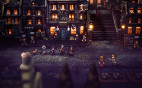 HD wallpaper featuring a scene from Octopath Traveler II with characters gathered in a bustling, dimly lit fantasy village square.