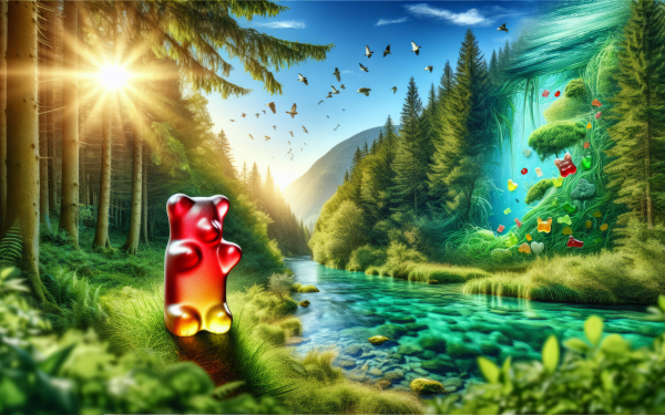 Giant red gummy bear in a magical forest HD desktop wallpaper with a river, sunshine, and flying gummy bears in the background.